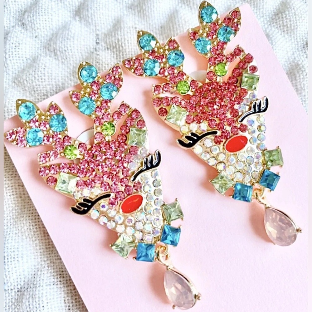 New Pink Christmas Rudolph Reindeer Deer Rhinestone Crystal Earrings - 2.50”